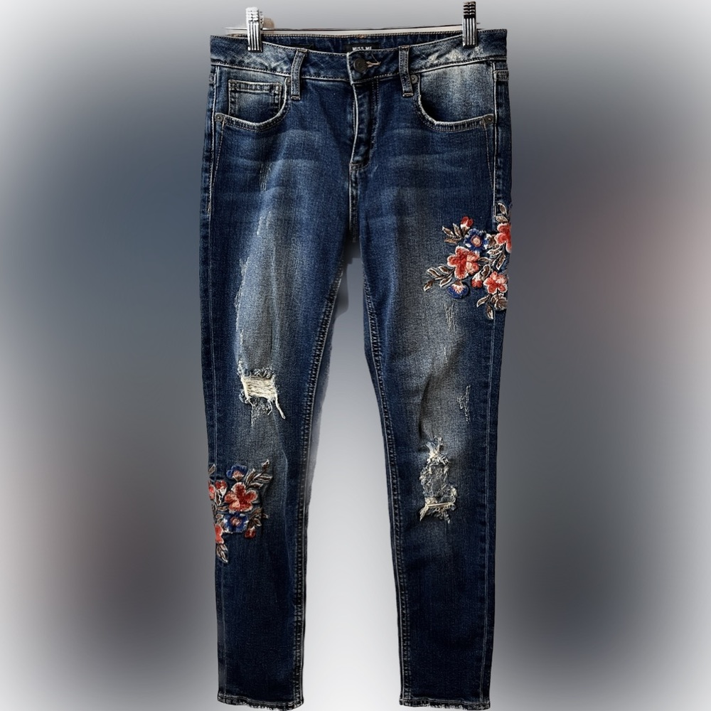 MISS ME Ankle Skinny Embroidered Medium Wash Distressed size 27 Jeans
